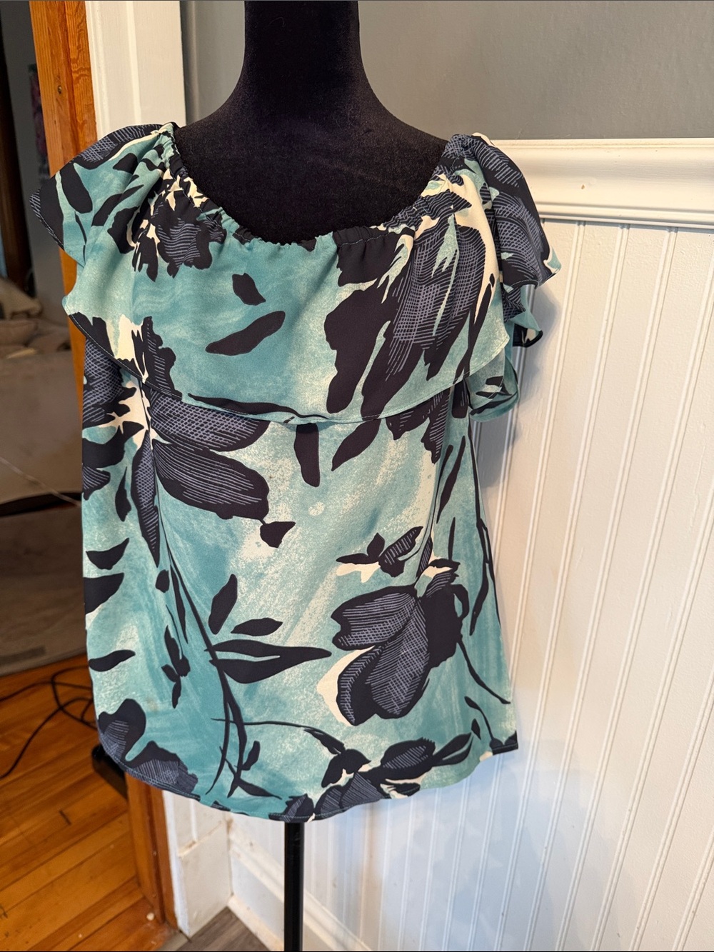 Maeve Aqua and Black Floral Off-Shoulder Blouse